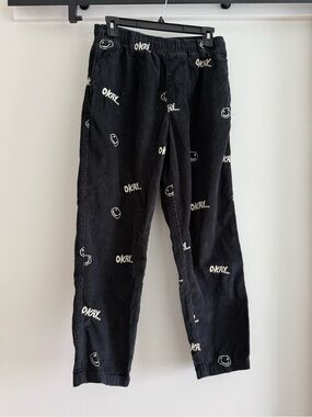 Urban Outfitters Black Corduroy Straight-Leg Pants with White 'OKAY' Print